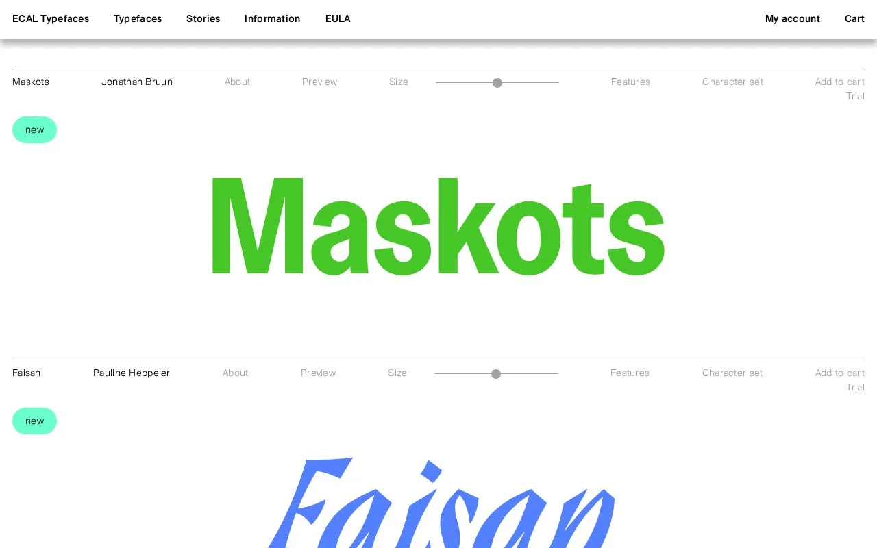Screenshot of the ECAL Typefaces homepage