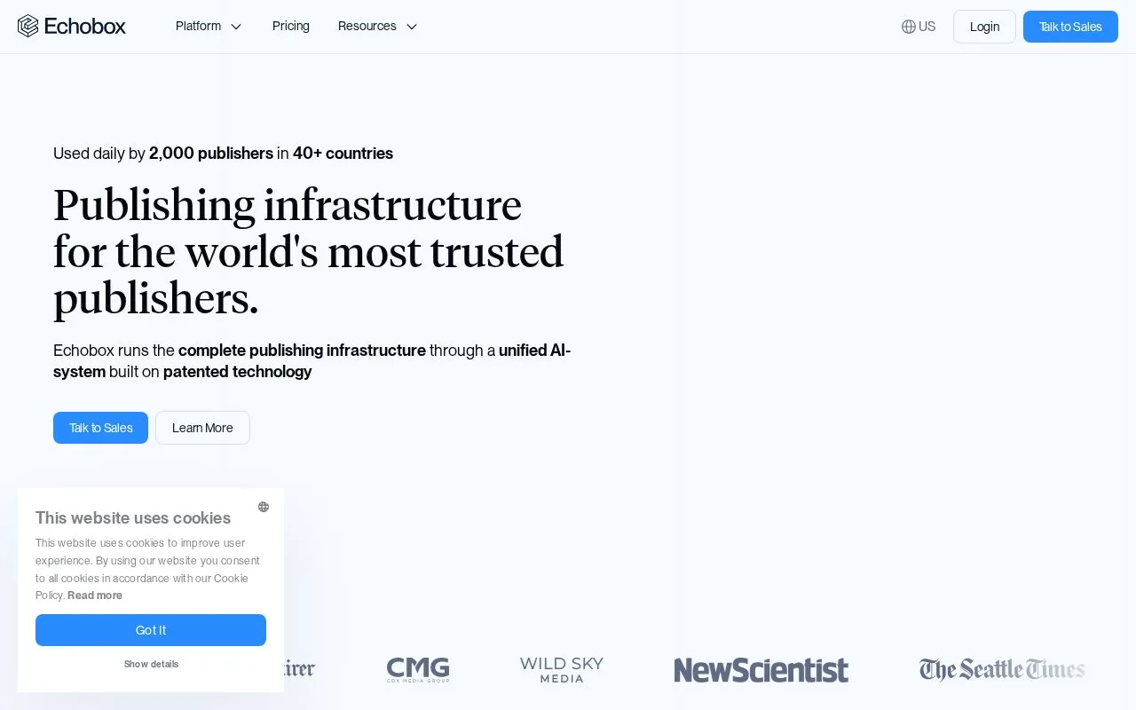 Screenshot of the Echobox homepage