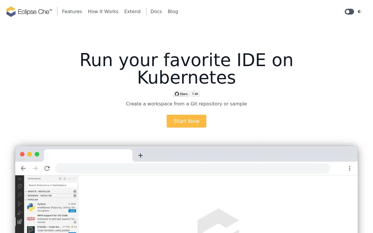 Screenshot of the Eclipse Che homepage