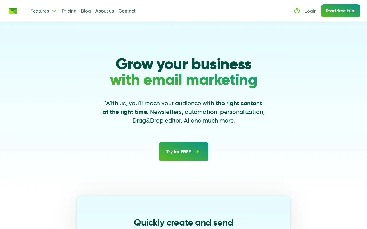 Screenshot of the Ecomail homepage