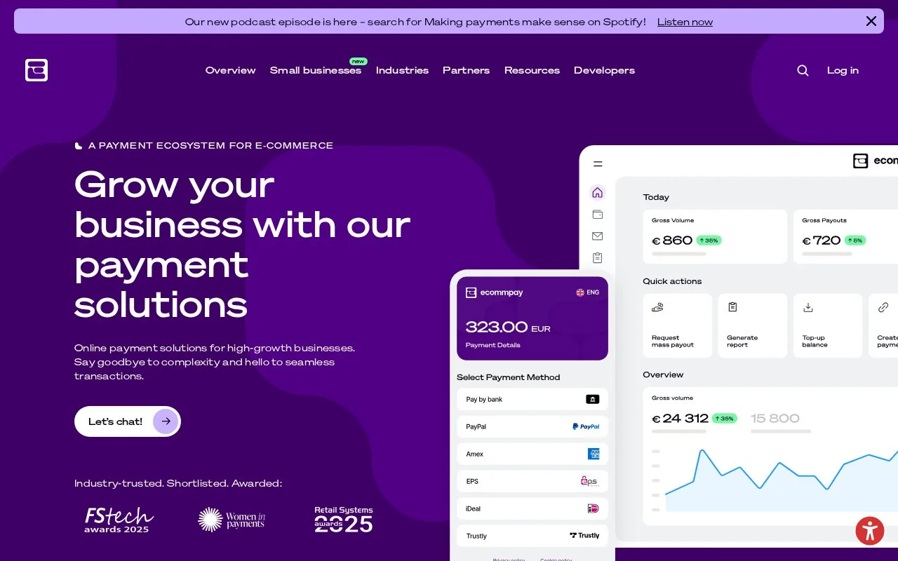 Screenshot of the Ecommpay homepage