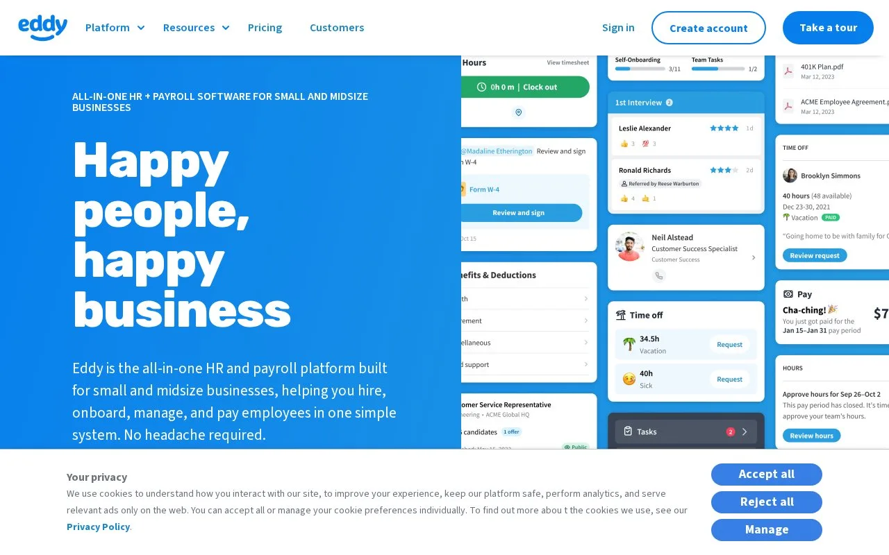 Screenshot of the Eddy homepage