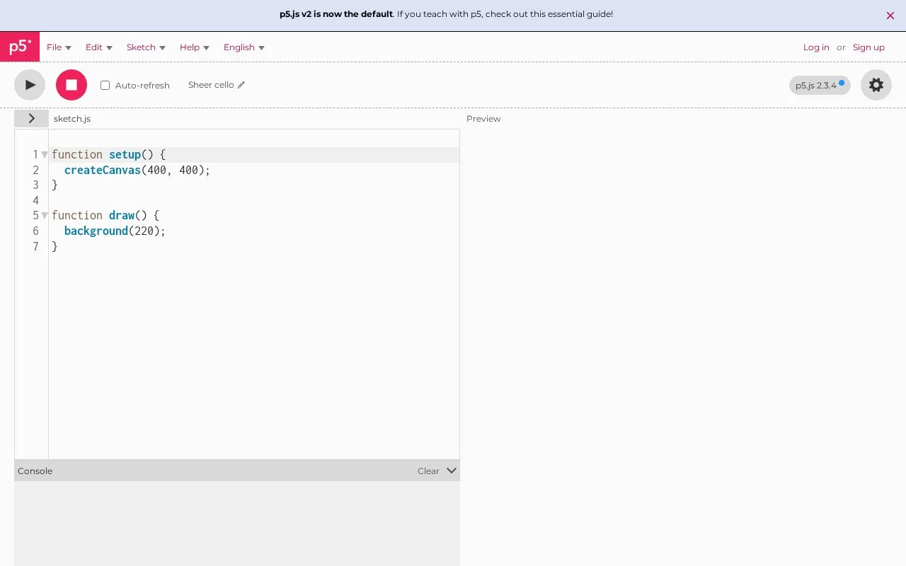 Screenshot of the p5.js Web Editor homepage