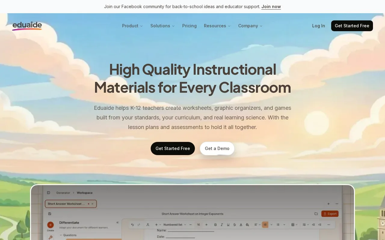 Screenshot of the Eduaide homepage