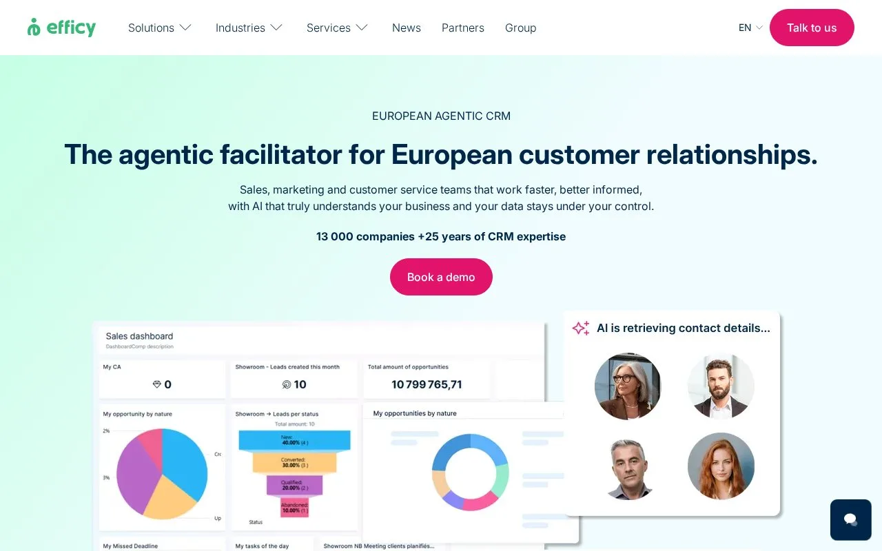 Screenshot of the efficy CRM homepage