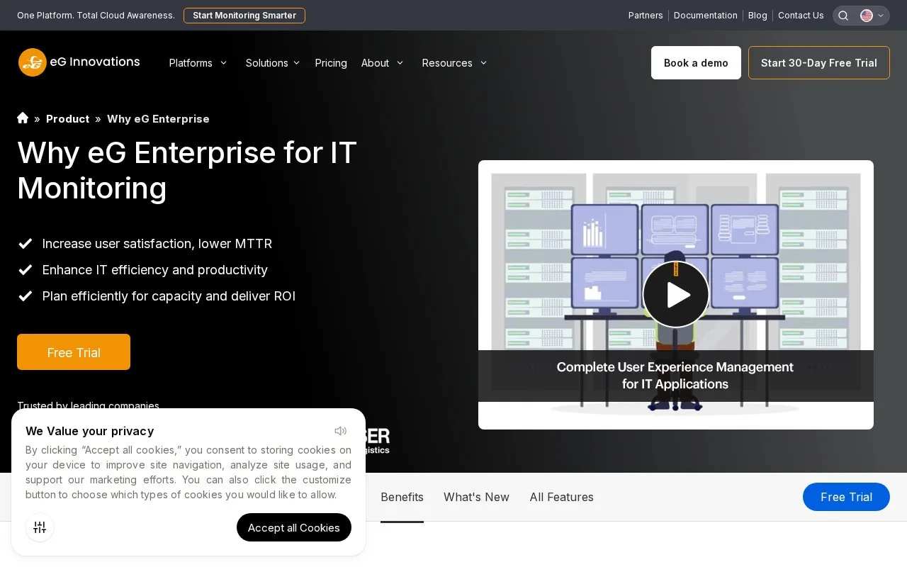 Screenshot of the eG Enterprise homepage