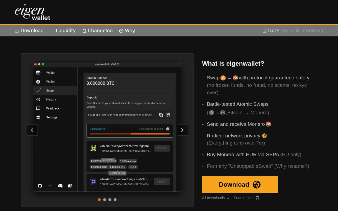 Screenshot of the eigenwallet homepage