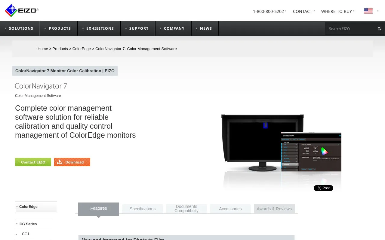 Screenshot of the EIZO ColorNavigator homepage