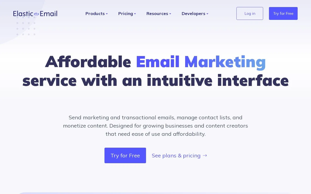 Screenshot of the Elastic Email homepage