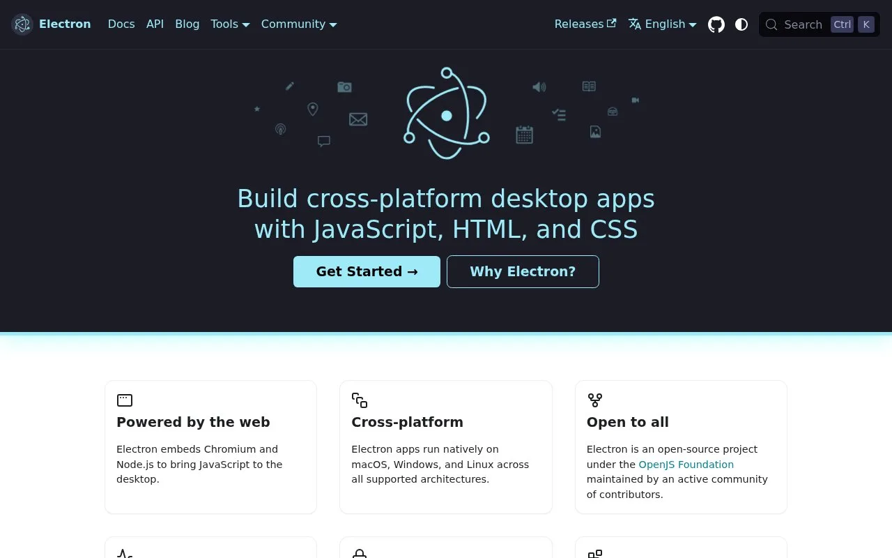 Screenshot of the Electron homepage