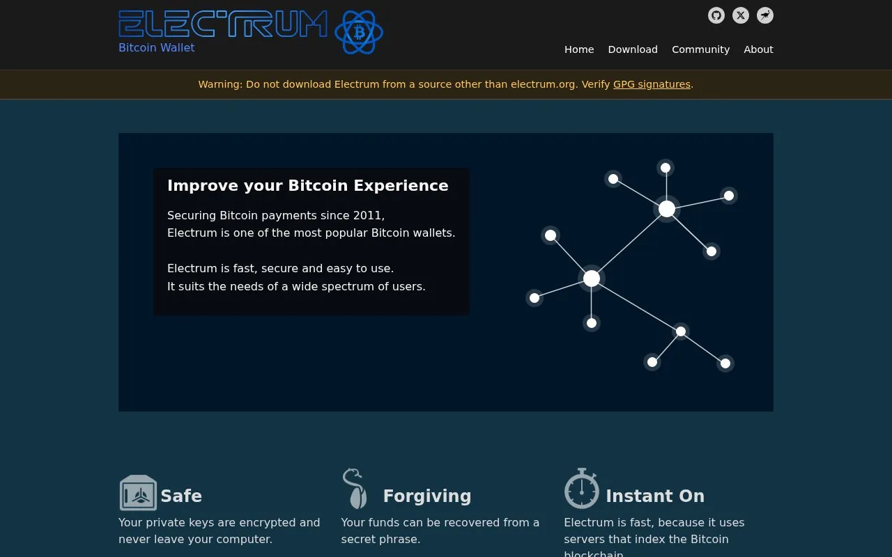 Screenshot of the Electrum homepage