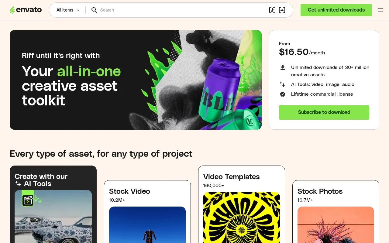 Screenshot of the Envato Elements homepage