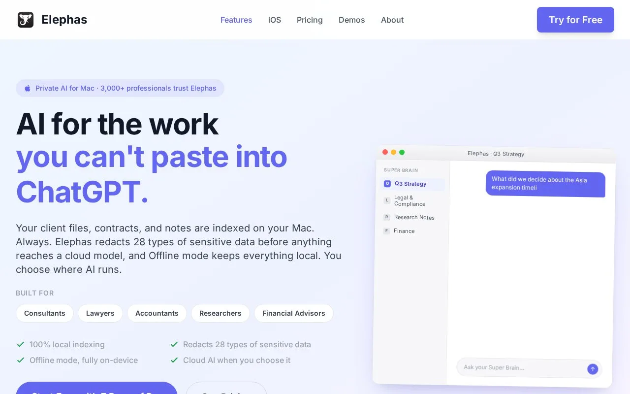 Screenshot of the Elephas homepage