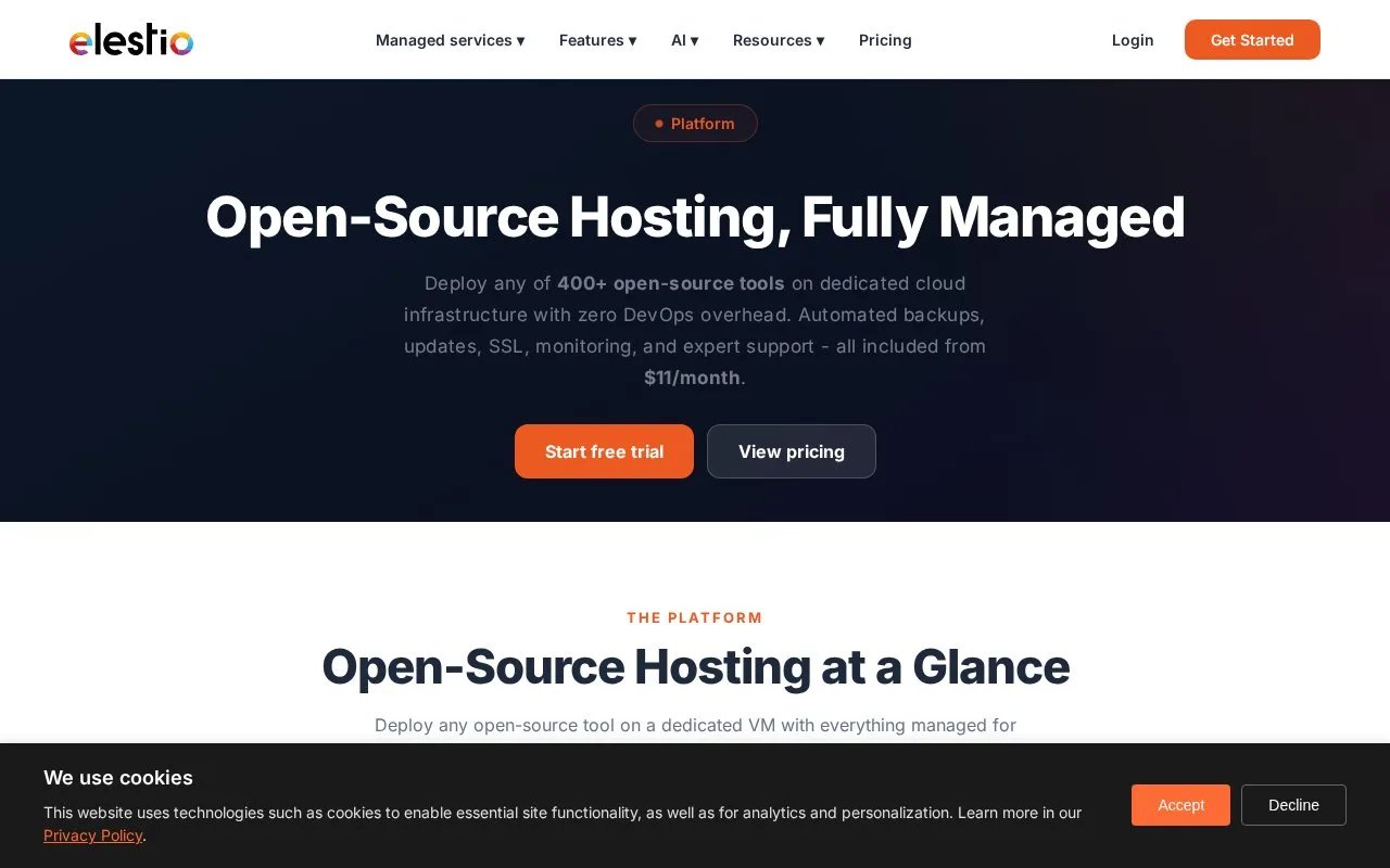 Screenshot of the Elestio homepage