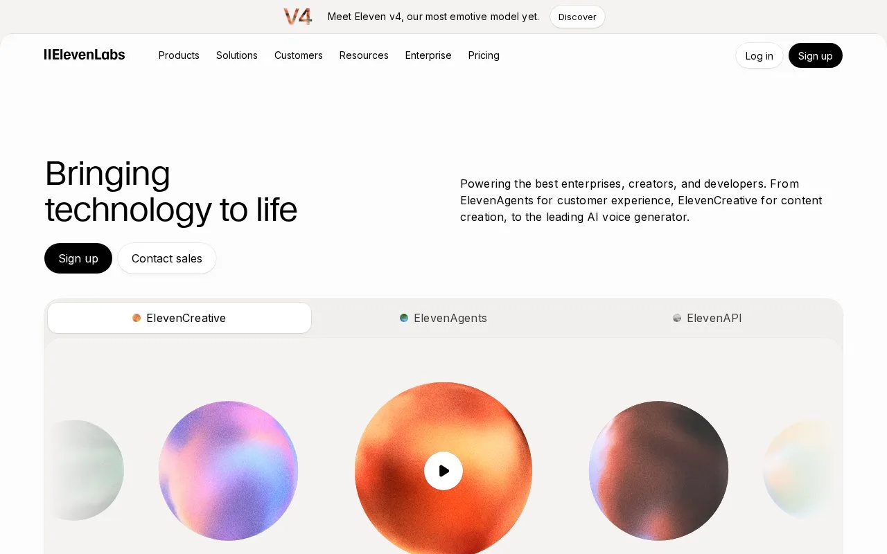 Screenshot of the ElevenLabs homepage