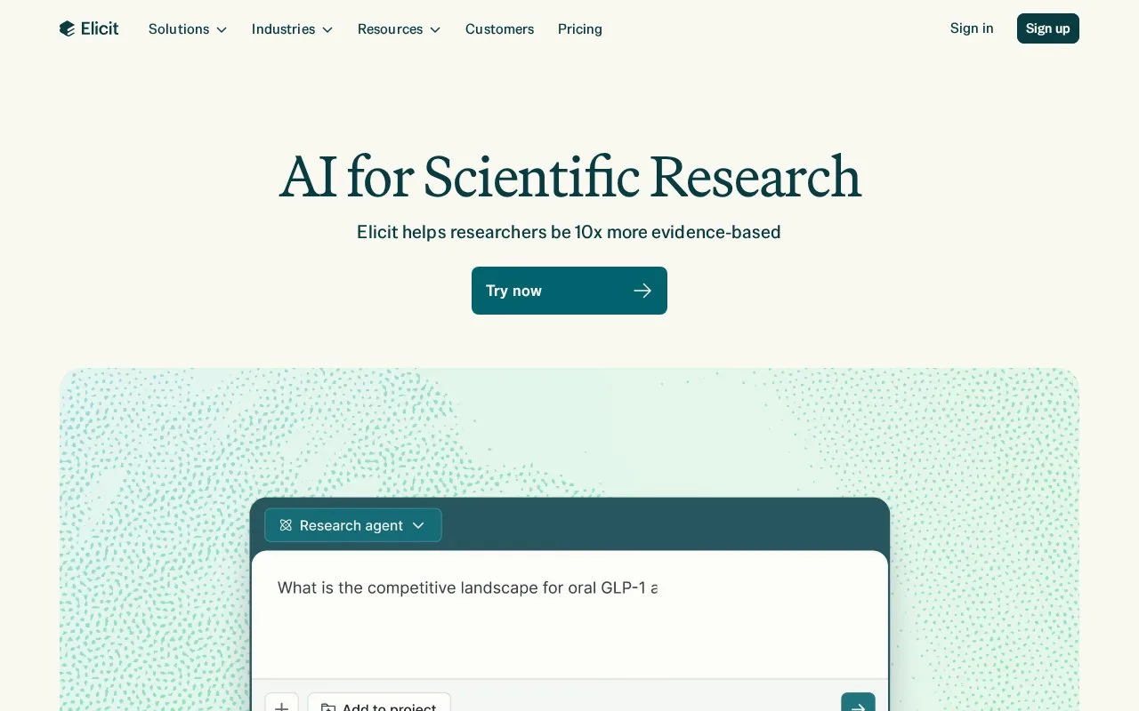 Screenshot of the Elicit homepage
