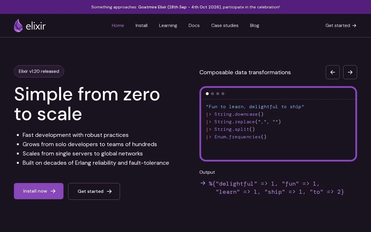 Screenshot of the Elixir homepage