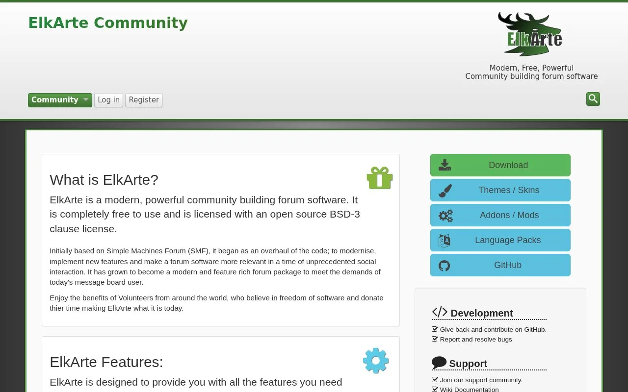 Screenshot of the ElkArte homepage
