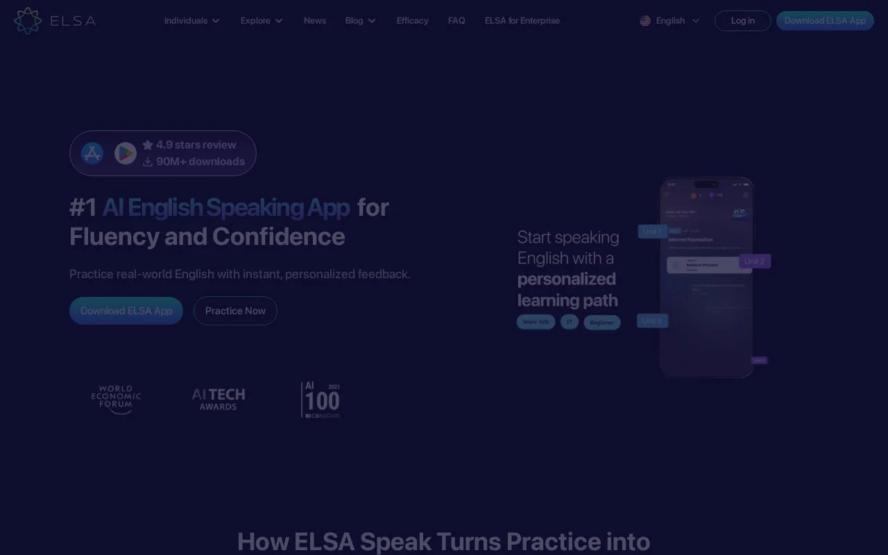 Screenshot of the ELSA Speak homepage
