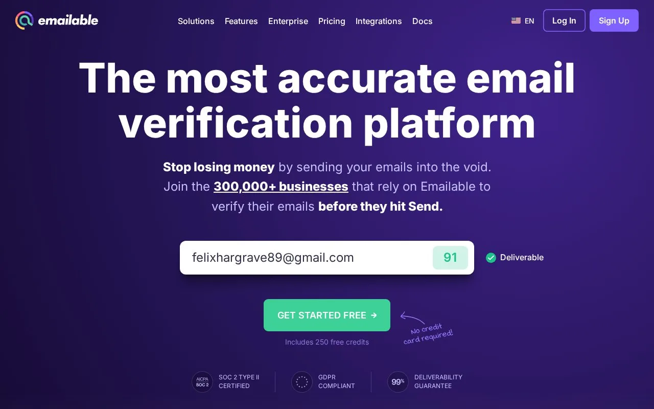 Screenshot of the Emailable homepage