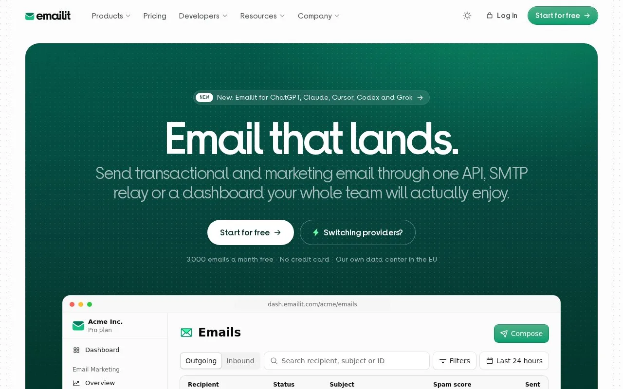 Screenshot of the Emailit homepage