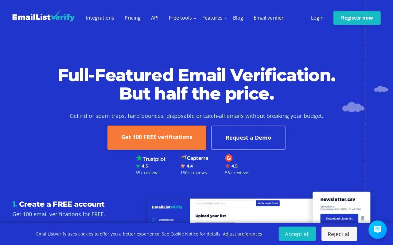 Screenshot of the EmailListVerify homepage