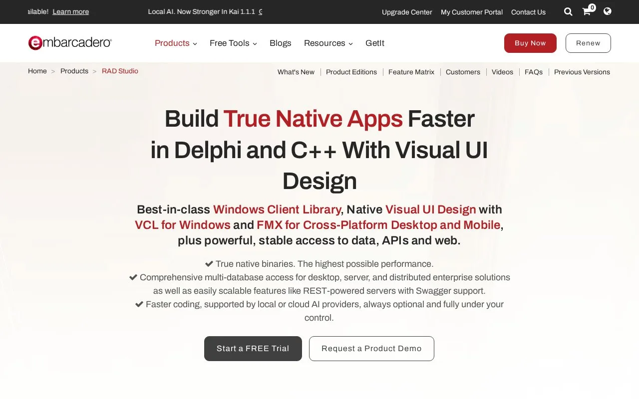 Screenshot of the RAD Studio homepage