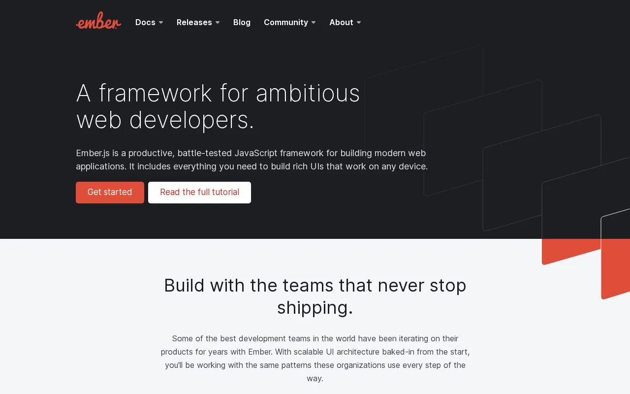 Screenshot of the Ember.js homepage
