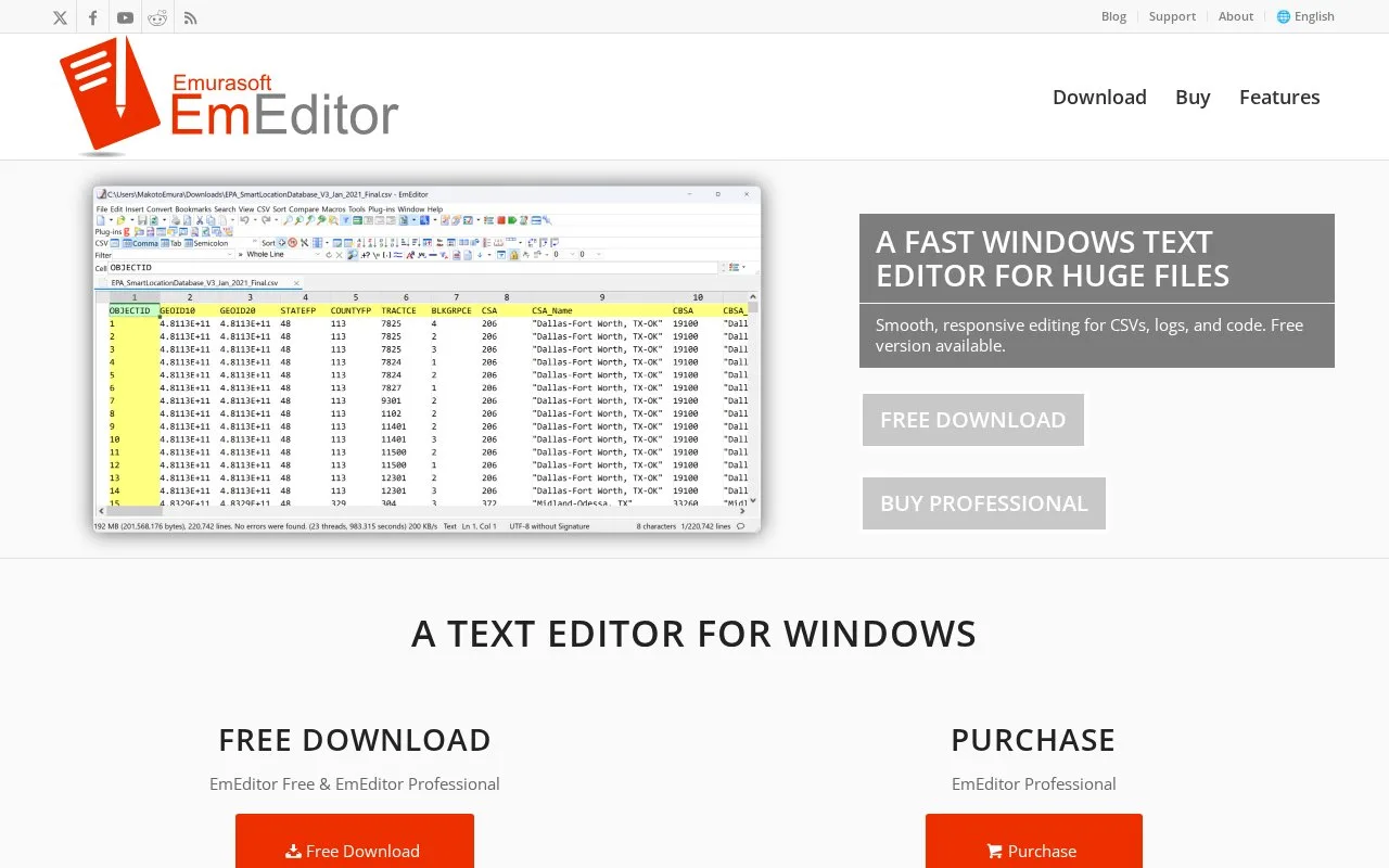 Screenshot of the EmEditor homepage