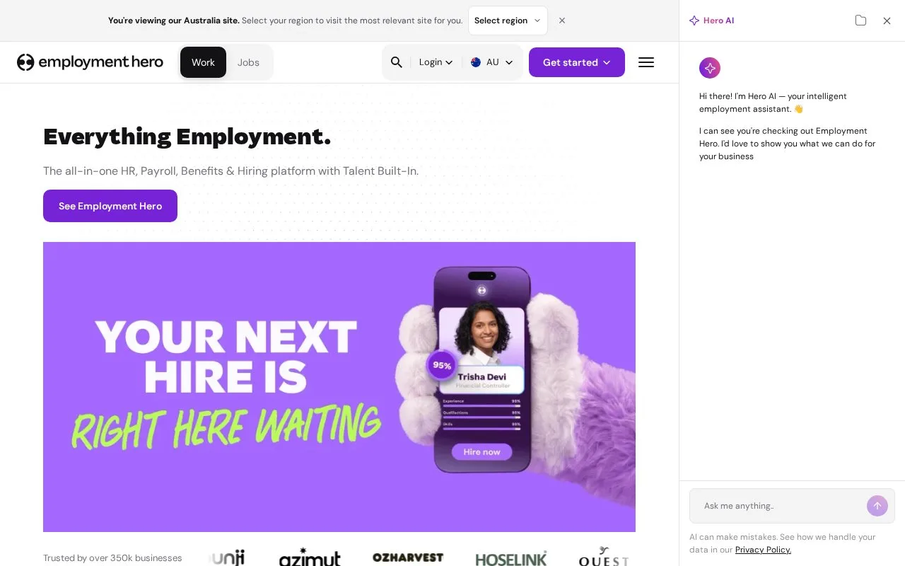 Screenshot of the Employment Hero homepage