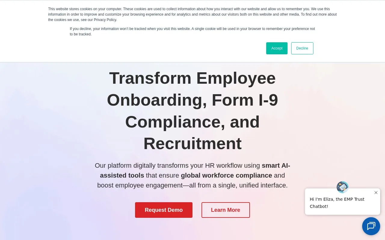 Screenshot of the EMPTrust HR homepage