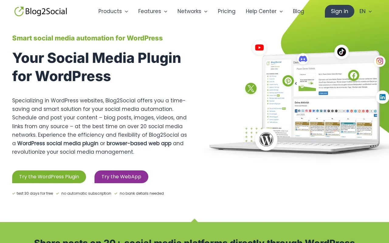Screenshot of the Blog2Social homepage
