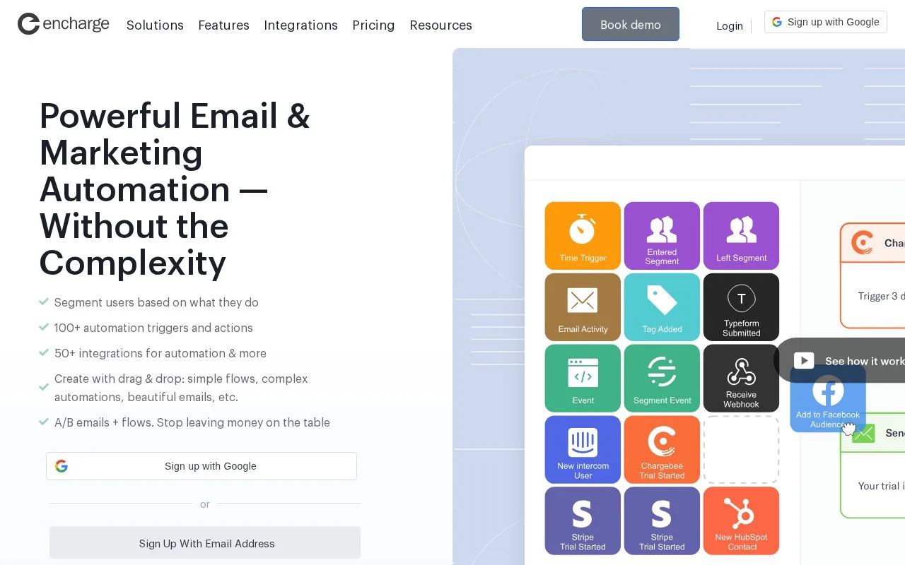 Screenshot of the Encharge homepage