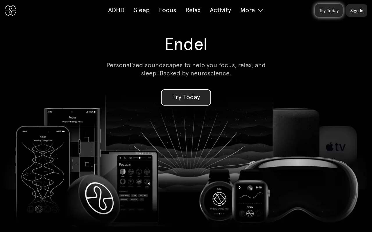Screenshot of the Endel homepage