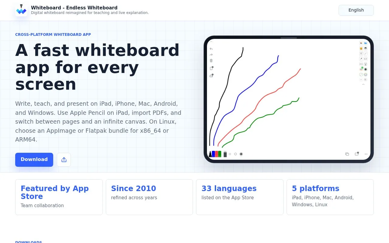 Screenshot of the Endless Whiteboard homepage
