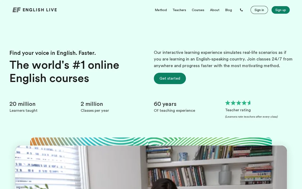 Screenshot of the EF English Live homepage