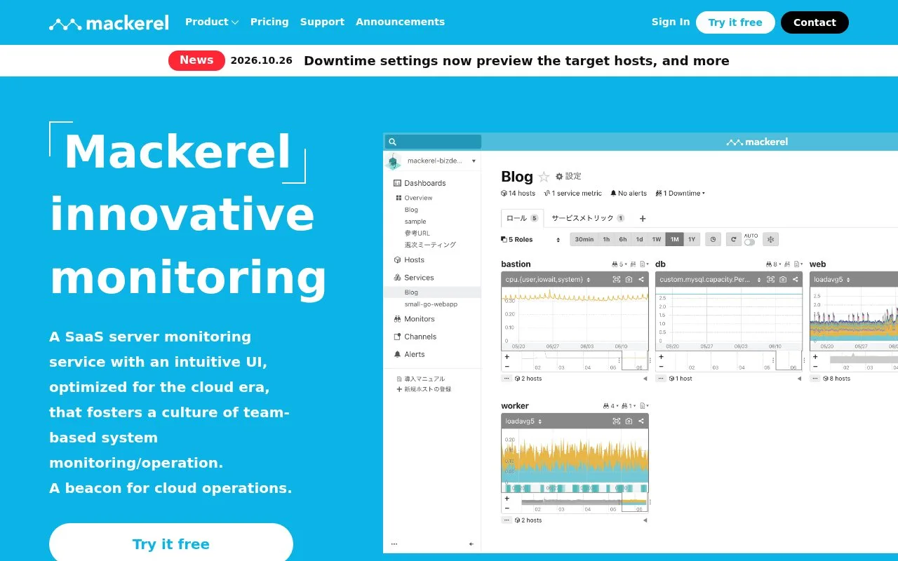 Screenshot of the Mackerel homepage