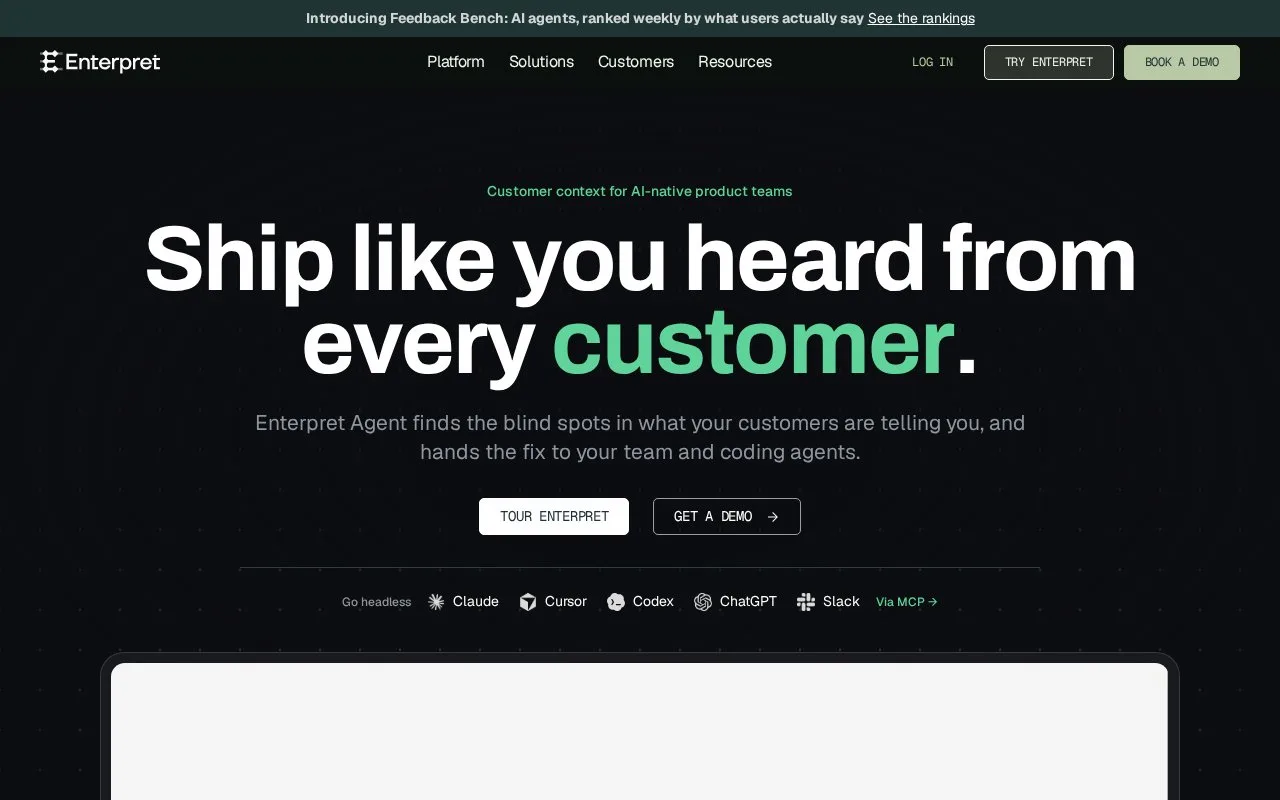 Screenshot of the Enterpret homepage