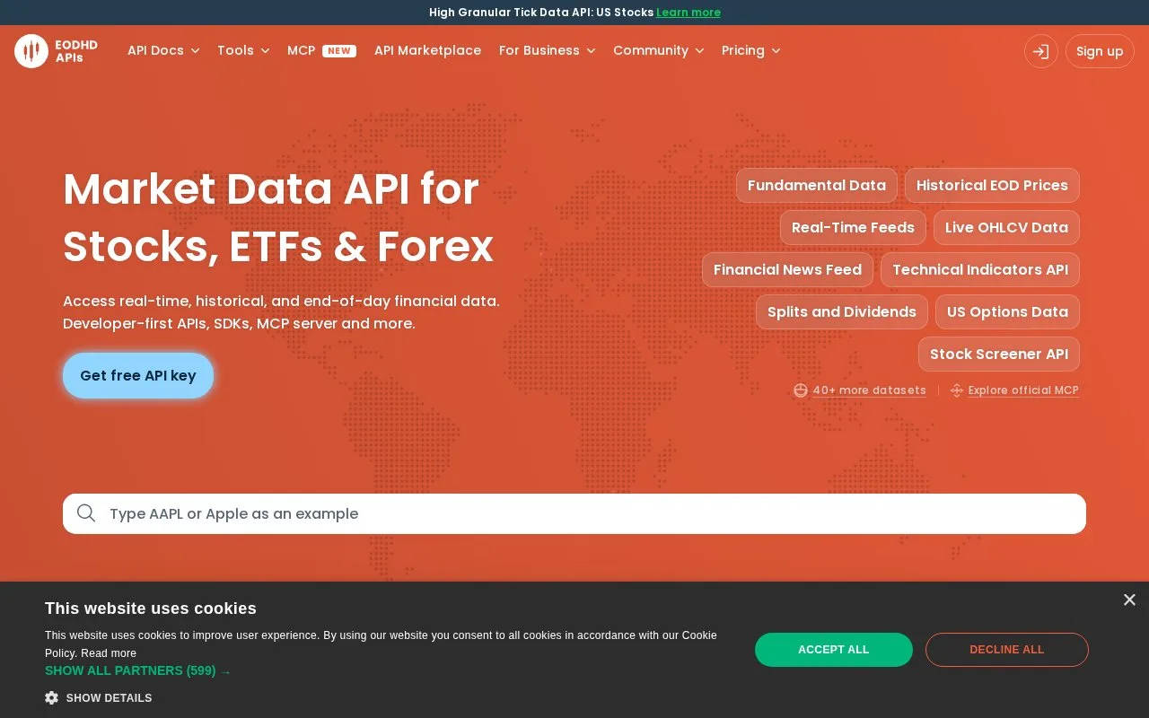 Screenshot of the EODHD homepage