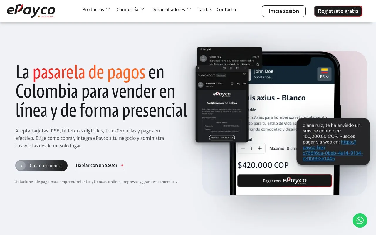Screenshot of the ePayco homepage