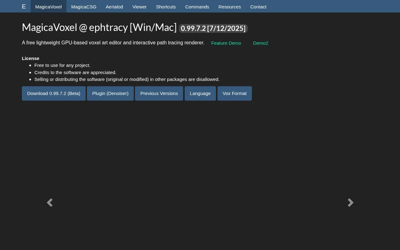 Screenshot of the MagicaVoxel homepage