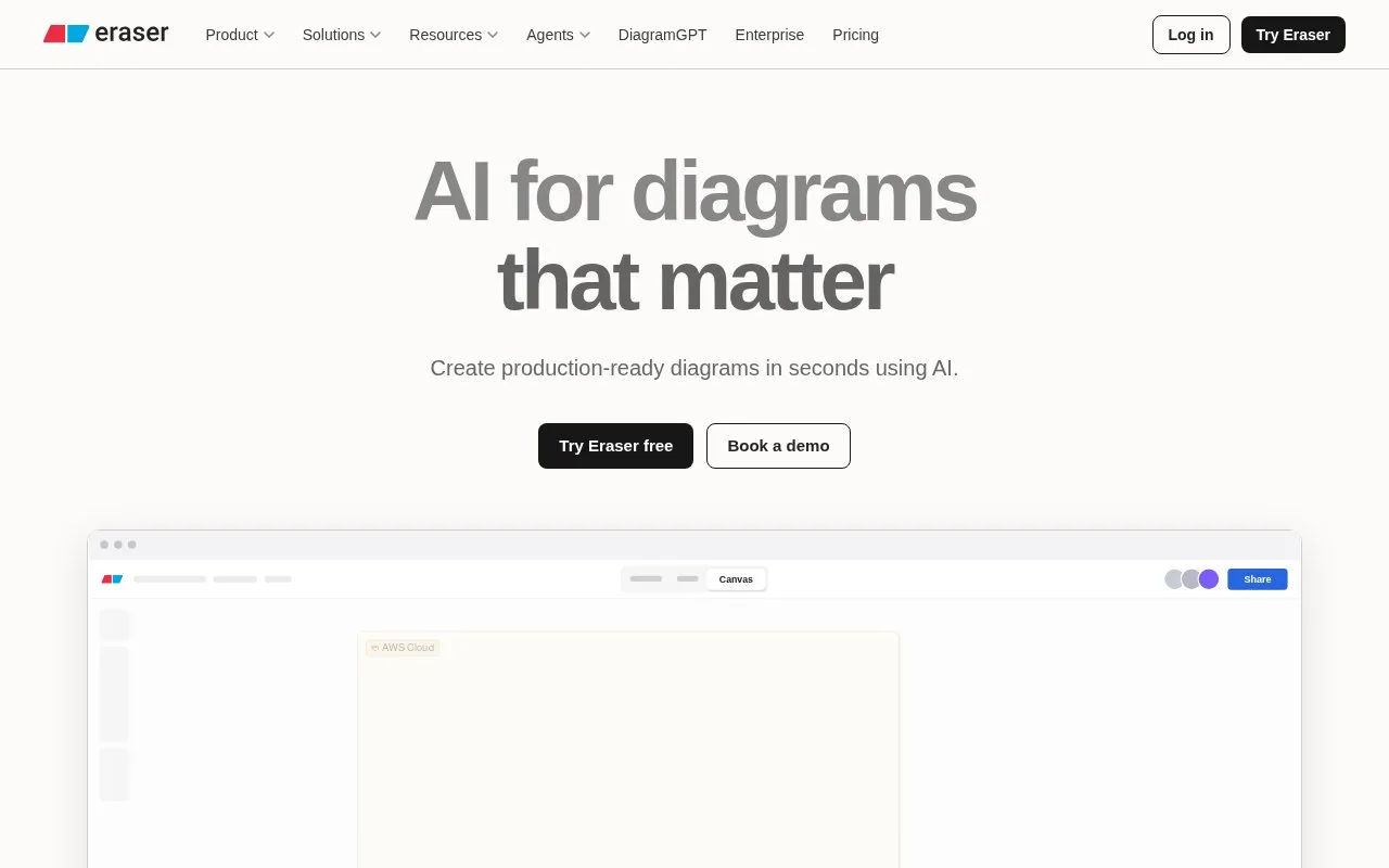 Screenshot of the Eraser homepage