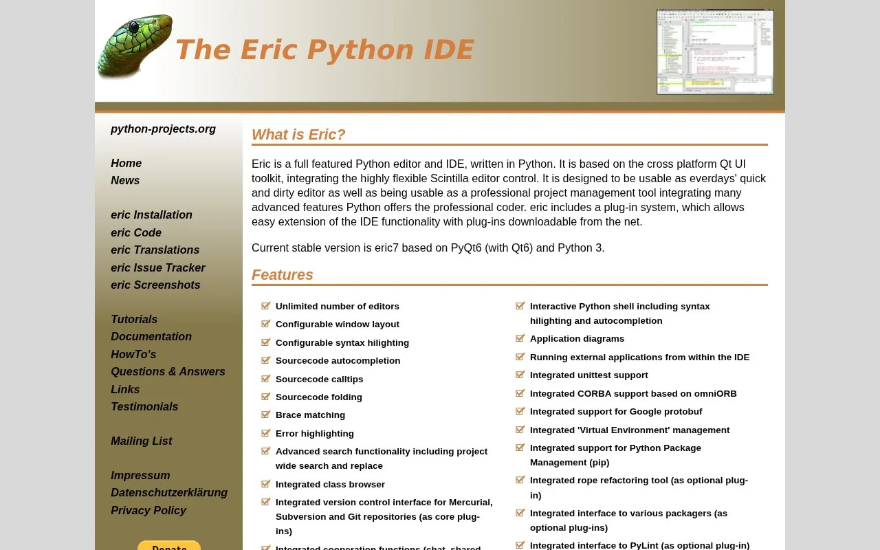 Screenshot of the Eric Python IDE homepage