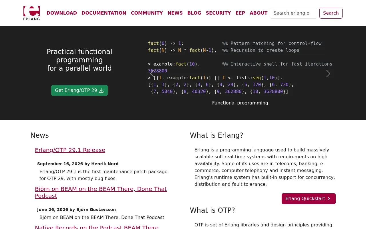 Screenshot of the Erlang/OTP homepage
