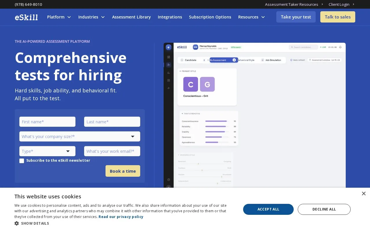 Screenshot of the eSkill homepage