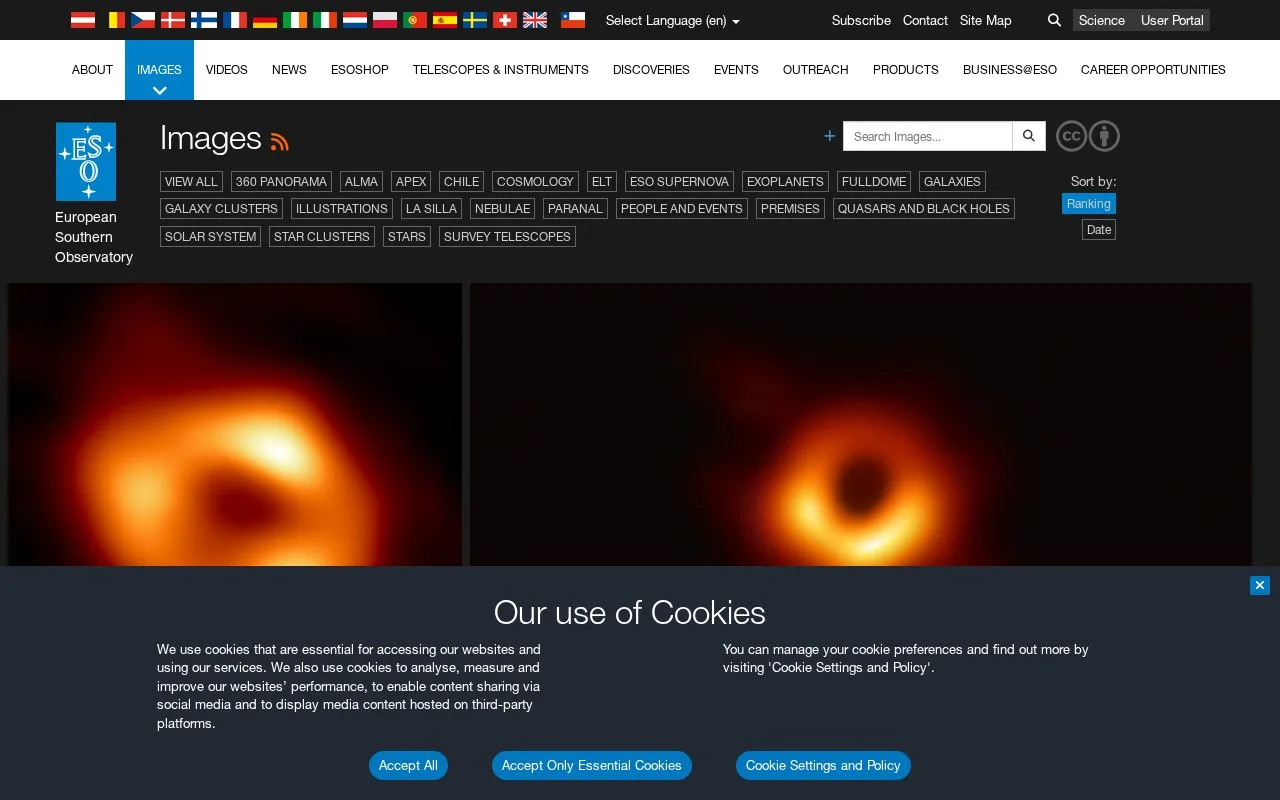 Screenshot of the ESO Images and Videos homepage