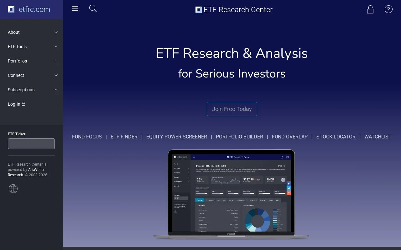 Screenshot of the ETF Research Center homepage