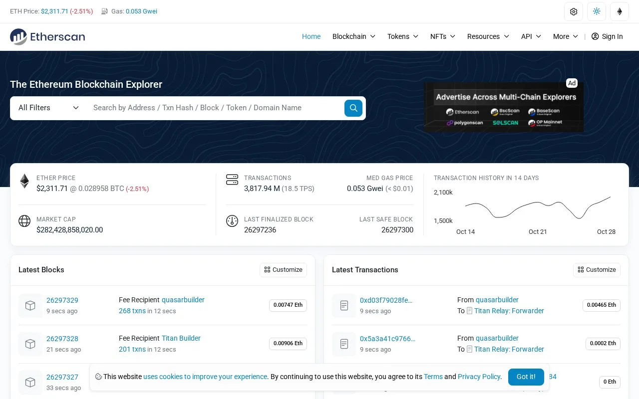 Screenshot of the Etherscan homepage