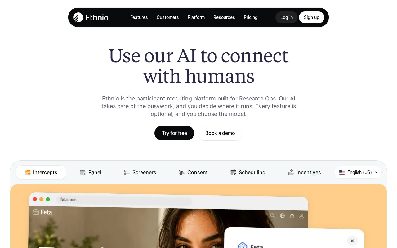 Screenshot of the Ethnio homepage