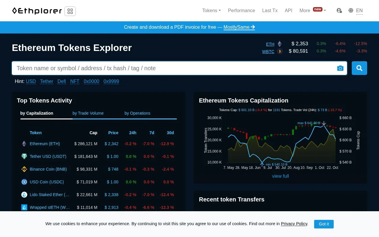 Screenshot of the Ethplorer homepage